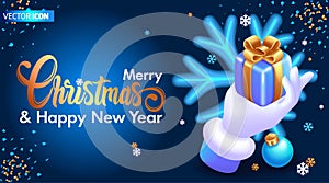 Realistic 3D Isometric illustration. Happy New Year 2023. Santa Claus hand holds a gift box decorated with a gold ribbon