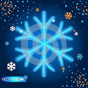 Realistic 3D Isometric illustration. Large blue snowflake on a dark blue background. Bright illustration for New Year