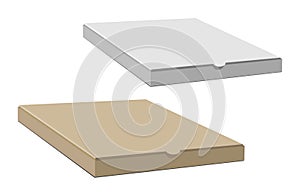 Realistic 3d isometric pizza cardboard box. closed, side and top view. Flat style illustration isolated on white background