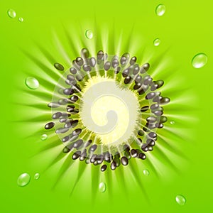 Realistic 3d Kiwi background. Kiwi fruit close-up in a cut with water drops. Background design in green tones. It is used as a