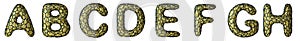 Realistic 3D letter set A, B, C, D, E, F, G, H made of gold shining metal .