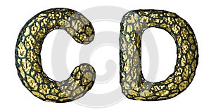 Realistic 3D letter set C, D made of gold shining metal .