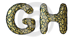 Realistic 3D letter set G, H made of gold shining metal .