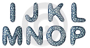 Realistic 3D letter set I, J, K, L, M, N, O, P made of silver shining metal .