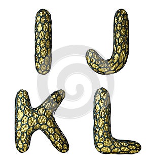 Realistic 3D letter set I, J, K, L made of gold shining metal .