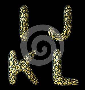 Realistic 3D letter set I, J, K, L made of gold shining metal .