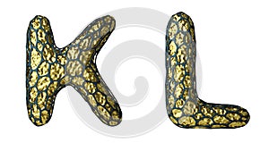 Realistic 3D letter set K, L made of gold shining metal .