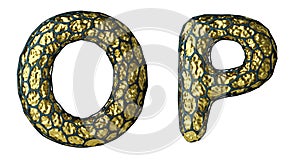 Realistic 3D letter set O, P made of gold shining metal .