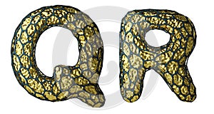 Realistic 3D letter set Q, R made of gold shining metal .