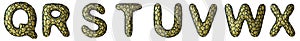 Realistic 3D letter set Q, R, S, T, U, V, W, X made of gold shining metal .