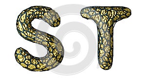 Realistic 3D letter set S, T made of gold shining metal .