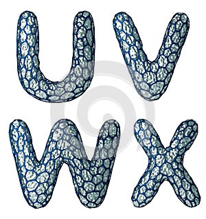 Realistic 3D letter set U, V, W, X made of silver shining metal .