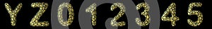 Realistic 3D letter set Y, Z, 0, 1, 2, 3, 4, 5 made of gold shining metal .