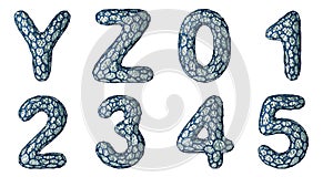 Realistic 3D letter set Y, Z, 0, 1, 2, 3, 4, 5 made of silver shining metal .