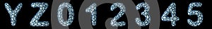 Realistic 3D letter set Y, Z, 0, 1, 2, 3, 4, 5 made of silver shining metal .