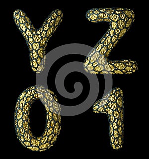 Realistic 3D letter set Y, Z, 0, 1 made of gold shining metal .
