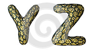 Realistic 3D letter set Y, Z made of gold shining metal .