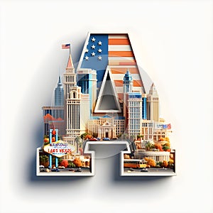 Realistic 3D letters Cities and landmarks of United States of America.Generative Ai.