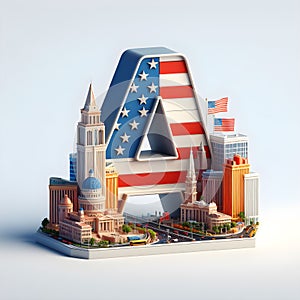 Realistic 3D letters Cities and landmarks of United States of America.Generative Ai.