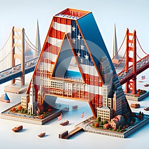 Realistic 3D letters Cities and landmarks of United States of America. letter Abbreviation A. Generative Ai