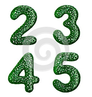 Realistic 3D letters set 2, 3, 4, 5 made of green plastic.