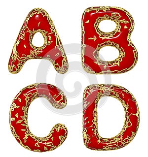 Realistic 3D letters set A, B, C, D made of gold shining metal letters.