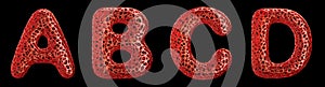 Realistic 3D letters set A, B, C, D made of red plastic.