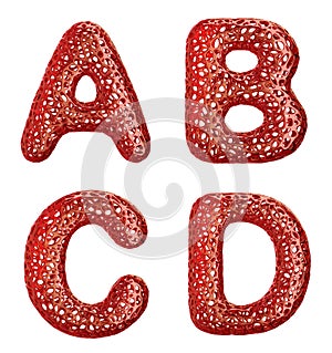 Realistic 3D letters set A, B, C, D made of red plastic.