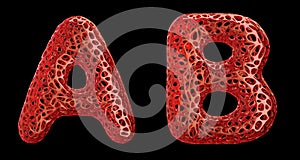 Realistic 3D letters set A, B made of red plastic.