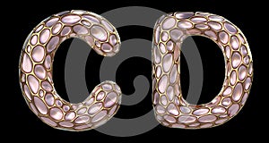 Realistic 3D letters set C, D made of gold shining metal letters.