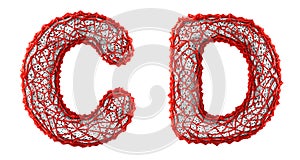 Realistic 3D letters set C, D made of red plastic.