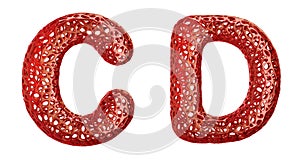 Realistic 3D letters set C, D made of red plastic.