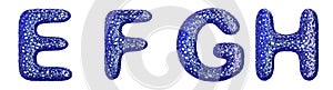 Realistic 3D letters set E, F, G, H made of blue plastic.