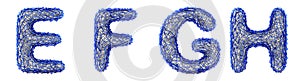 Realistic 3D letters set E, F, G, H made of blue plastic.