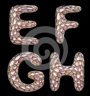 Realistic 3D letters set E, F, G, H made of gold shining metal letters.