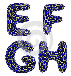 Realistic 3D letters set E, F, G, H made of gold shining metal letters.