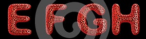 Realistic 3D letters set E, F, G, H made of red plastic.