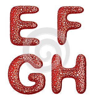 Realistic 3D letters set E, F, G, H made of red plastic.