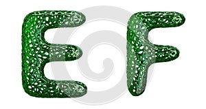 Realistic 3D letters set E, F made of green plastic.