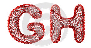 Realistic 3D letters set G, H made of red plastic.