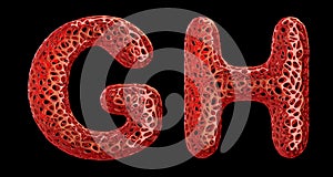 Realistic 3D letters set G, H made of red plastic.