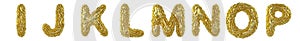 Realistic 3D letters set I, J, K, L, M, N, O, P made of crumpled foil. Collection symbols of crumpled gold foil isolated