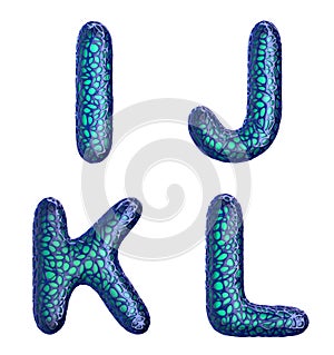 Realistic 3D letters set I, J, K, L made of blue plastic.