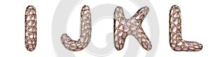 Realistic 3D letters set I, J, K, L made of gold shining metal letters.