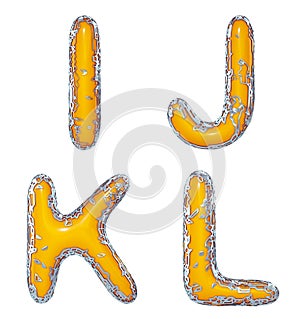 Realistic 3D letters set I, J, K, L made of gold shining metal letters.