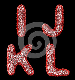 Realistic 3D letters set I, J, K, L made of red plastic.