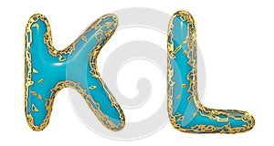 Realistic 3D letters set K, L made of gold shining metal letters.