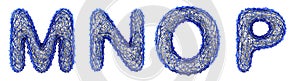 Realistic 3D letters set M, N, O, P made of blue plastic.