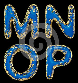 Realistic 3D letters set M, N, O, P made of gold shining metal letters.