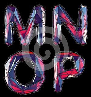 Realistic 3D letters set M, N, O, P made of low poly style. Collection symbols of low poly style red color glass